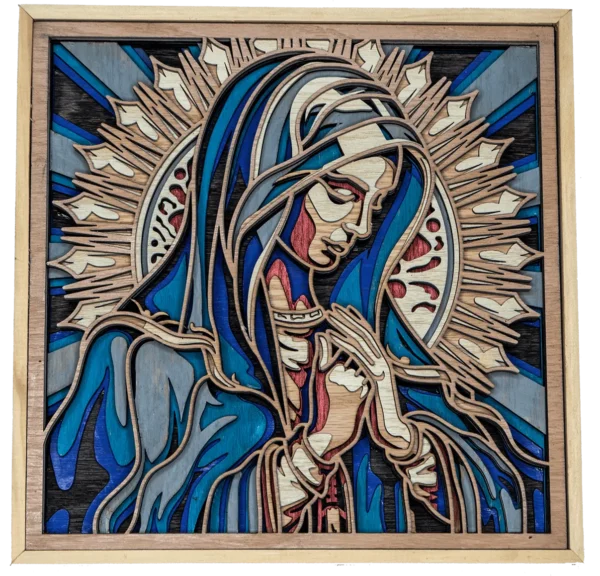Cuadro de la Virgen en madera, artesanal multilámina de la Virgen María con halo radiante y tonos azules