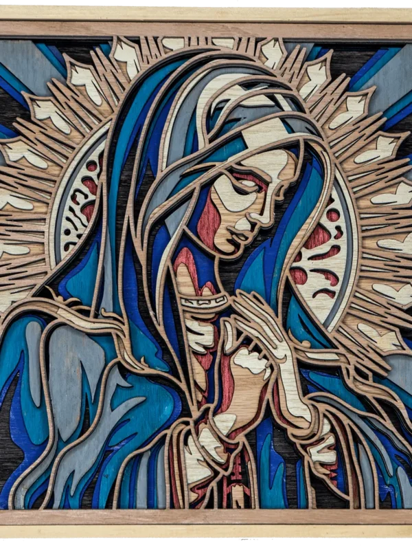 Cuadro de la Virgen en madera, artesanal multilámina de la Virgen María con halo radiante y tonos azules