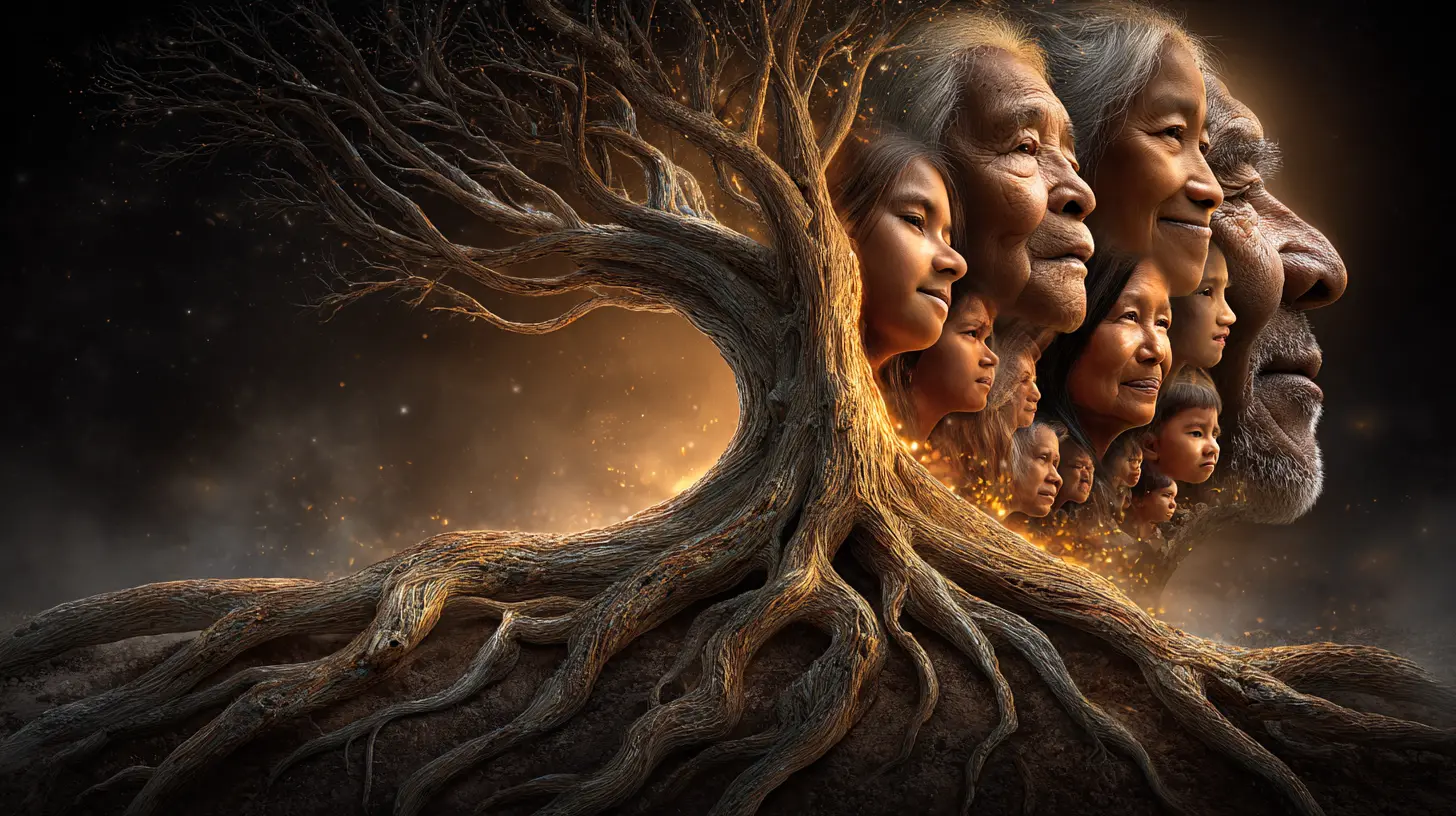 Árbol con rostros de varias generaciones, metáfora de legado familiar y raíces culturales profundas