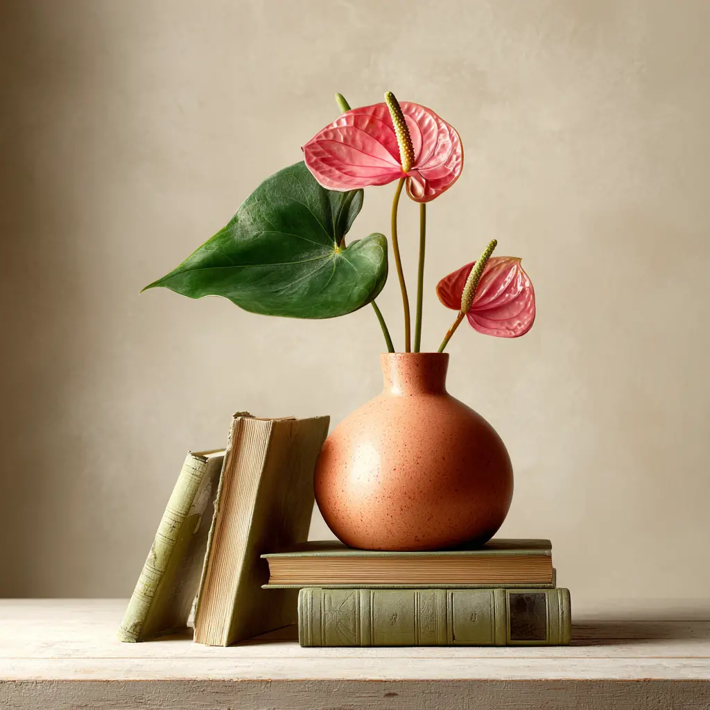 Jarrón terracota con flores anthurium rosa sobre pila de libros vintage en mesa rústica, inspiración de decoración minimalista para Egremy Digital.