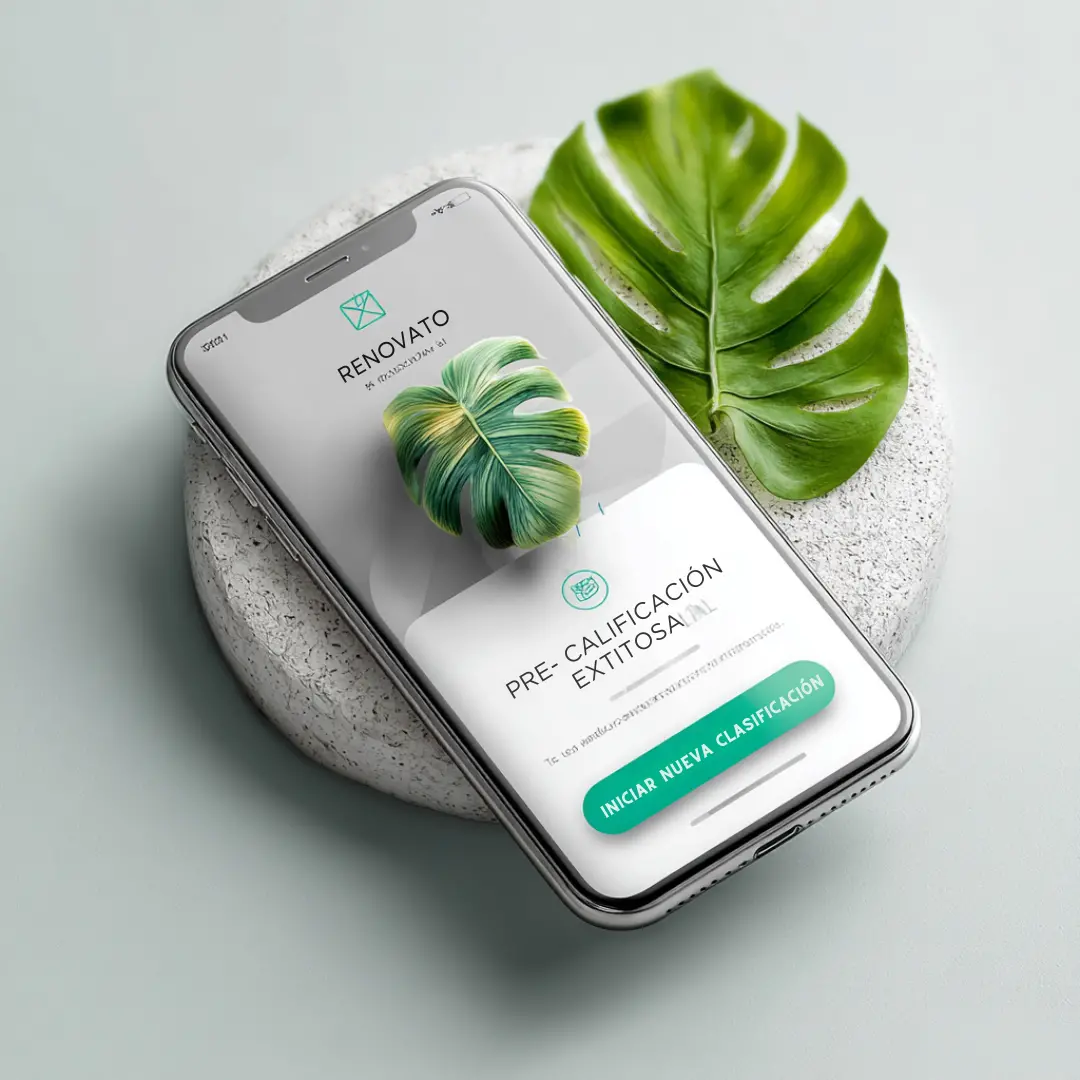 Mockup de smartphone con pantalla “Pre‑calificación exitosa” en la app RENOVATO, hoja tropical y base de piedra minimalista