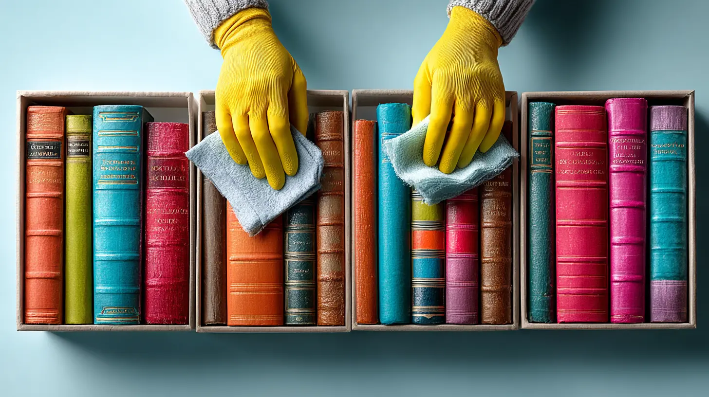 Manos con guantes amarillos limpiando libros antiguos y coloridos en cajas de archivo