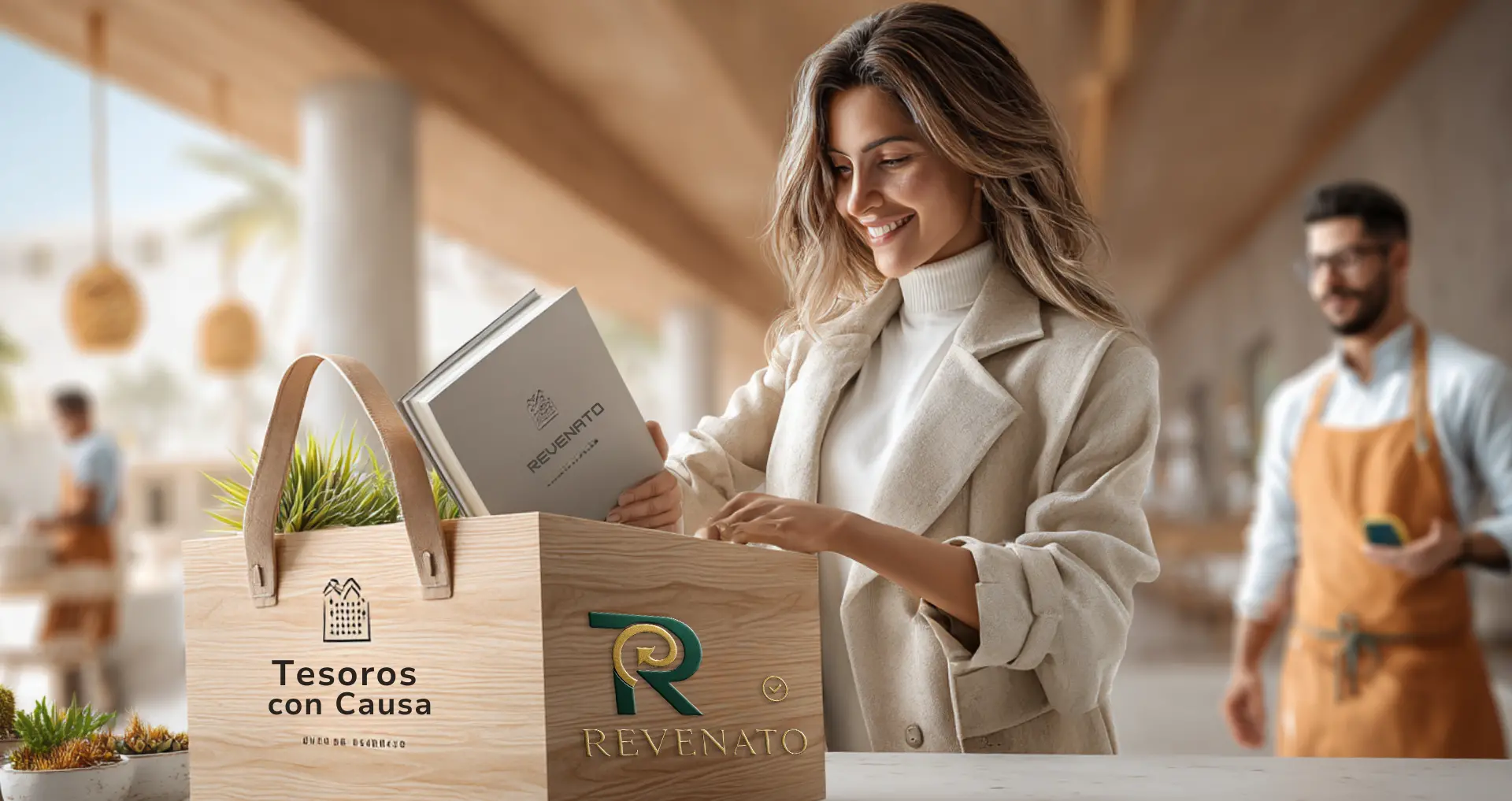 Mujer donando libros en caja de madera con logotipo de Revenato y Tesoros con Causa