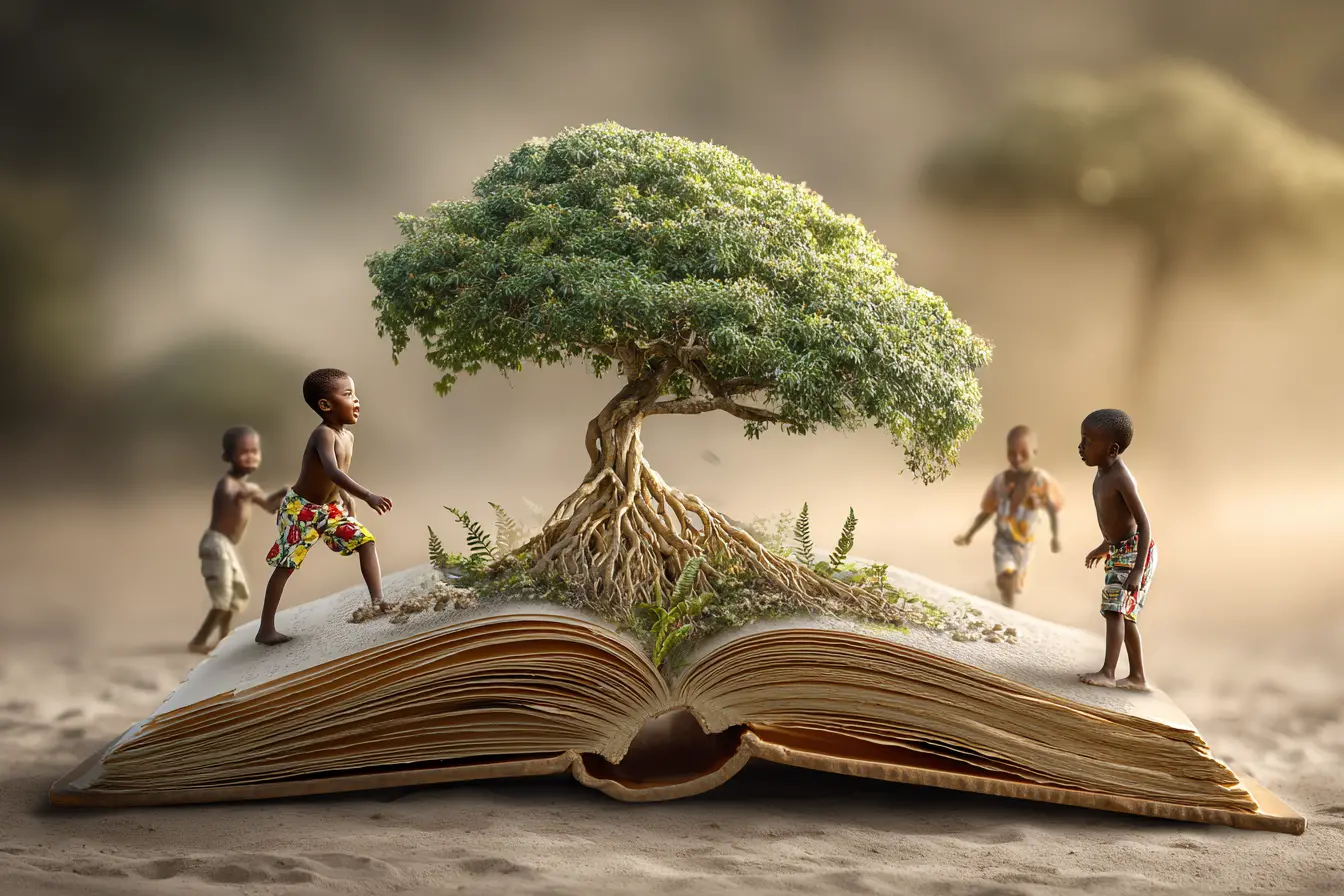 Ilustración surrealista de un árbol creciendo desde un libro abierto con niños jugando alrededor