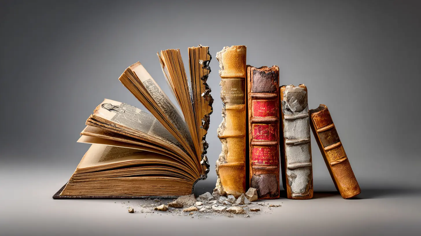 Fotografía de libros antiguos y dañados con lomos desgastados y páginas deterioradas sobre fondo gris