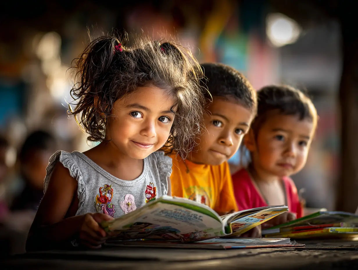 Niños mexicanos leyendo libros infantiles en un aula comunitaria