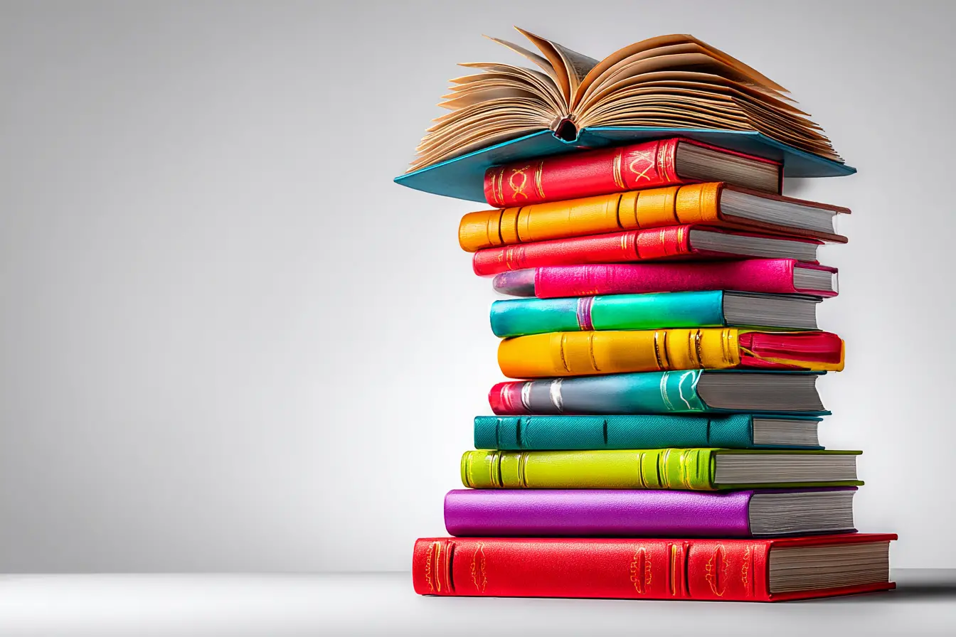 Pila de libros de colores vibrantes con un libro abierto en la parte superior sobre fondo gris